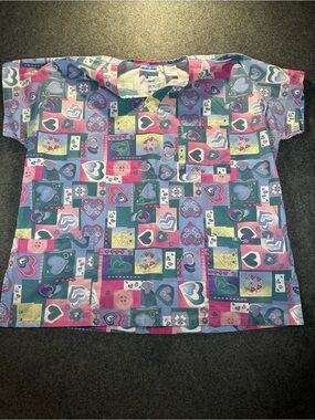 Colorful Heart Patchwork Print scrub top and plain lavender scrub pants